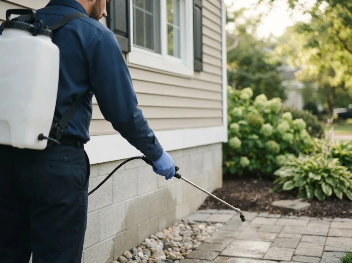 Pest control technician inspecting a home in Hendrix, OK